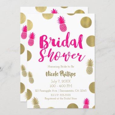 Hot Pink & Gold Dots & Pineapples Bridal Shower Invitations