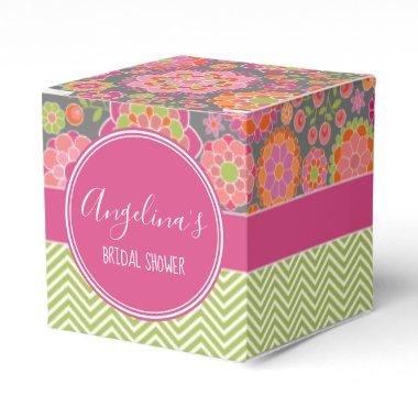 Hot Pink & Gray Retro Floral Pattern Bridal Shower Favor Boxes