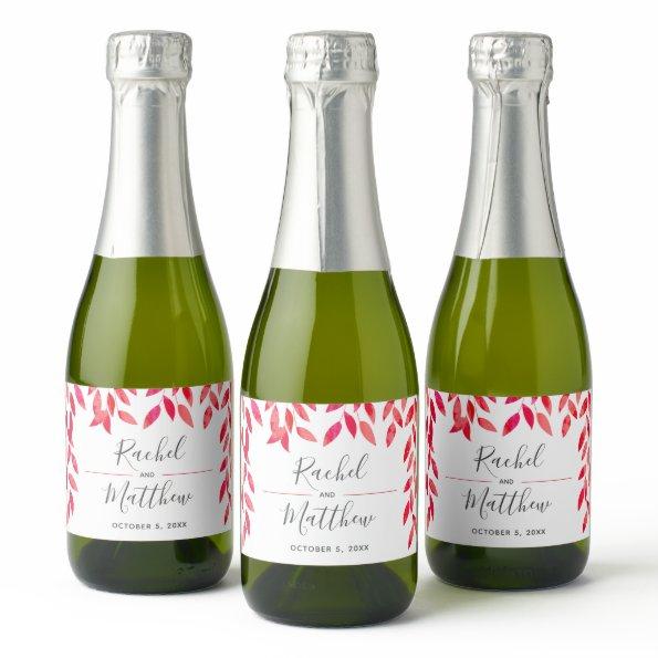 Hot Pink Leaves Wedding Mini Sparkling Wine Label