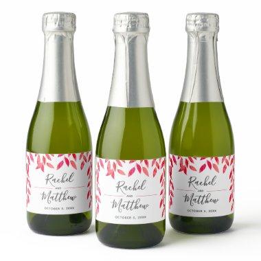Hot Pink Leaves Wedding Mini Sparkling Wine Label