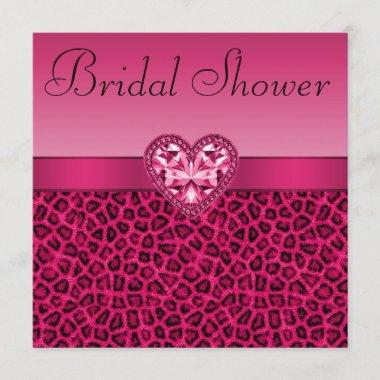 Hot Pink Leopard Print & Bling Heart Bridal Shower Invitations
