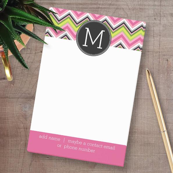 Hot Pink, Lime and Black Chevron Pattern Monogram Post-it Notes