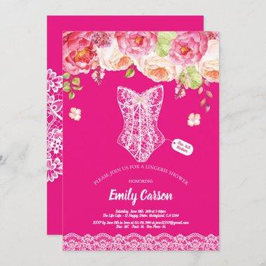 Hot pink lingerie shower bridal party floral Invitations