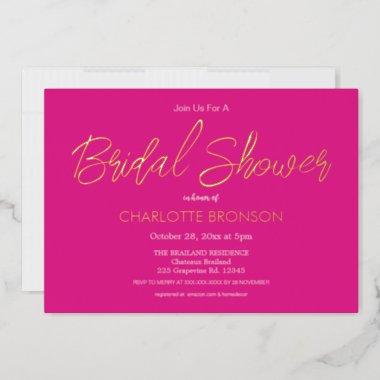 Hot Pink Minimalist Script Bridal Shower Gold Foil Invitations