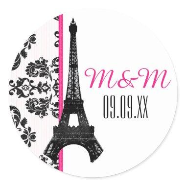 Hot Pink Monogrammed Damask Eiffel Tower Wedding Classic Round Sticker