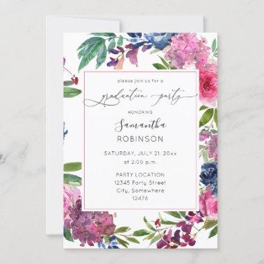 Hot Pink & Navy Blue Floral Graduation Party Invitations