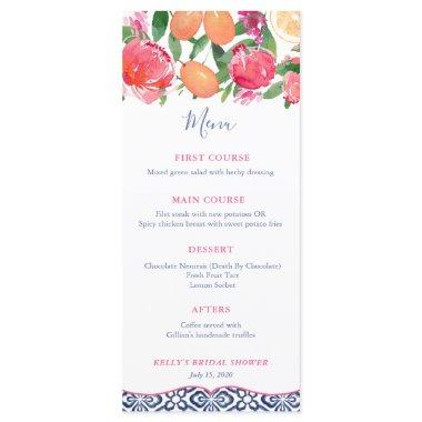 Hot Pink & Orange Florals Blue Tiles Bridal Shower Menu