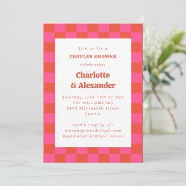 Hot Pink Orange Retro Checkerboard Couples Shower Invitations