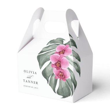 Hot Pink Orchids and Monstera Leaf Tropical Floral Favor Boxes