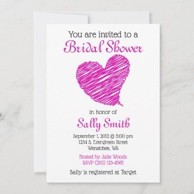Hot Pink Sketchy Heart Bridal Shower Invitations