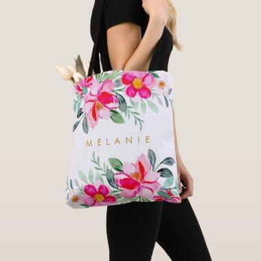 Hot Pink Tropical Watercolor Floral Bouquets Name Tote Bag