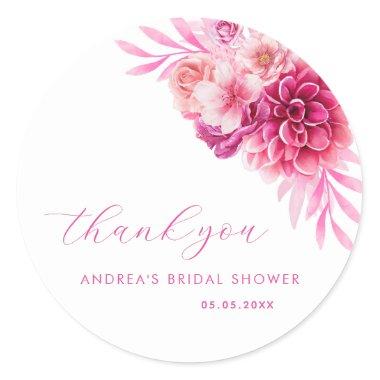 Hot Pink Vibrant Floral Bridal Shower Thank You Classic Round Sticker