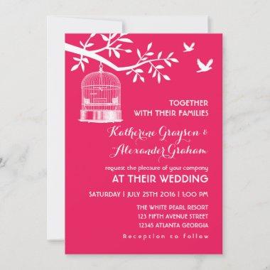 Hot Pink Vintage Bird Cage Wedding Invitations