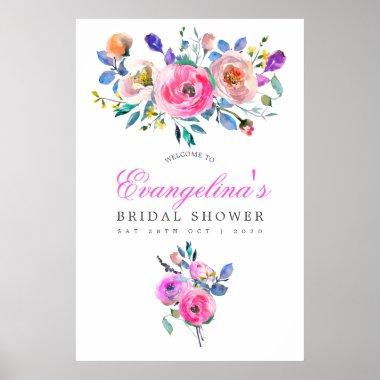 Hot-Pink Watercolor Floral Bridal Shower Welcome Poster