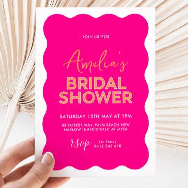 Hot Pink Wave Curve Modern Bright Bridal Shower Invitations