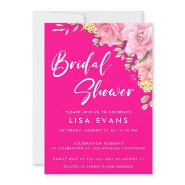 Hot Pink With Roses Bridal Shower Invitations