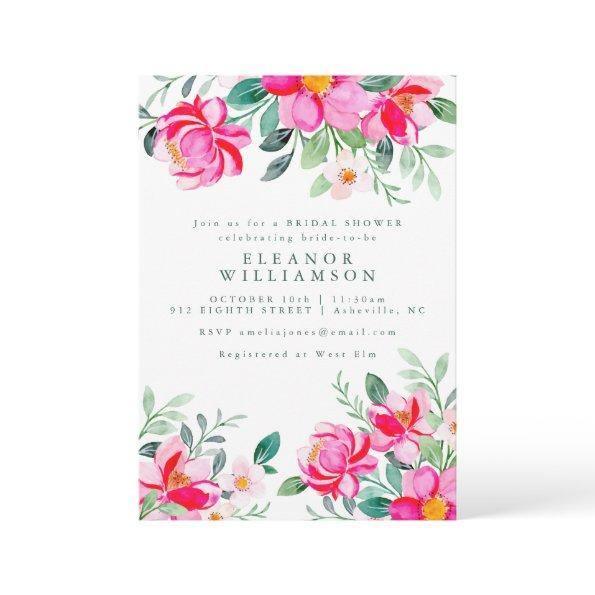 Hot Pink Yellow Watercolor Floral Bridal Shower Invitations