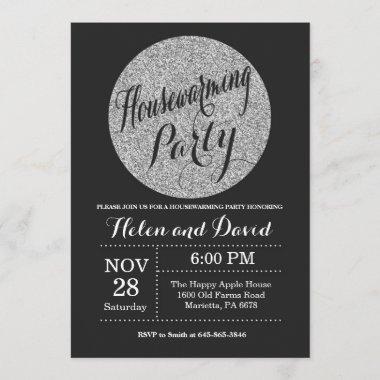 Housewarming Party Black Silver Glitter Invitations