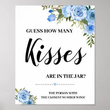 How many Kisses Bridal Shower Game Blue Flowers Poster