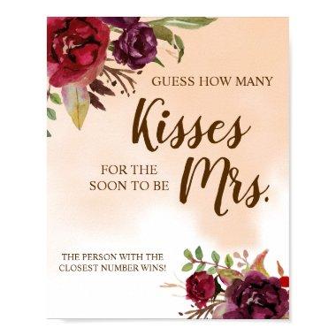 How Many Kisses for Mrs |Burgundy Shower Game Sign