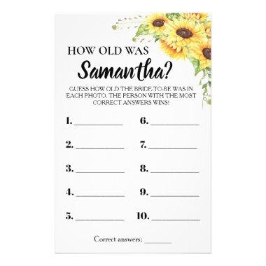 How Old Was She Bridal Shower Sunflowers Game Invitations Flyer