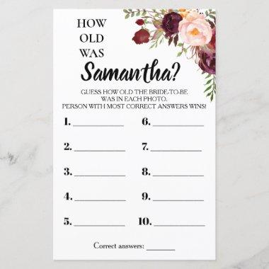 How old was She Marsala Flowers Bridal Shower Game