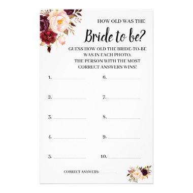 How old was the Marsala Flowers Shower Game Invitations Flyer