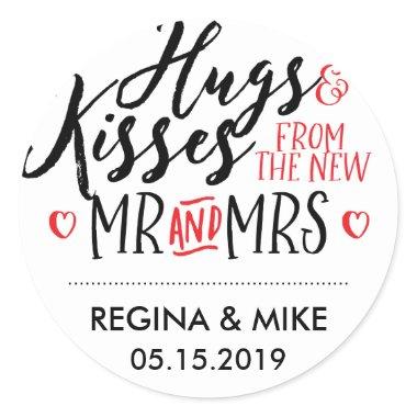 Hugs and Kisses New Mr and Mrs Love and Heart Classic Round Sticker