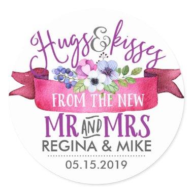 Hugs Kisses From New Mr Mrs Flower Ribbon Wedding Classic Round Sticker