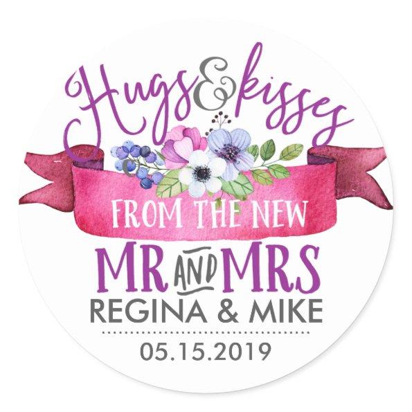 Hugs Kisses From New Mr Mrs Flower Ribbon Wedding Classic Round Sticker