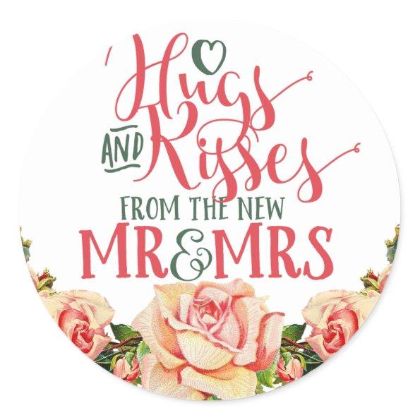 Hugs Kisses New Mr and Mrs Vintage Rose Flower Classic Round Sticker