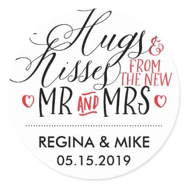 Hugs Kisses New Mr Mrs Hand Lettering Calligraphy Classic Round Sticker