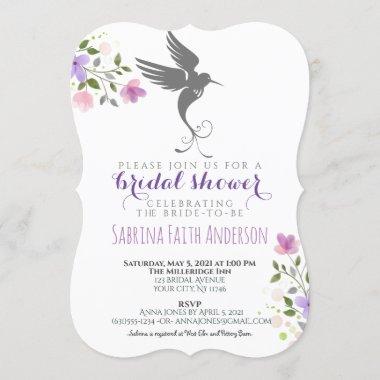 Hummingbird Floral Elegant Lilac Bridal Shower Invitations