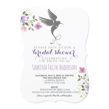 Hummingbird Floral Elegant Lilac Bridal Shower Invitations