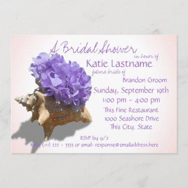 Hydrangea and Seashell Bridal Shower Lavender Invitations