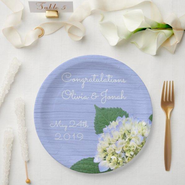 Hydrangea Bloom Blue Wood Grain Wedding Paper Plates