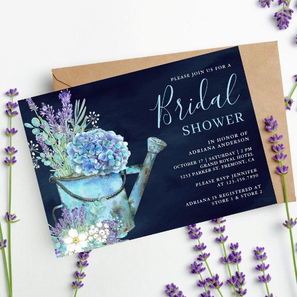Hydrangea Lavender Floral Navy Blue Bridal Shower Invitations