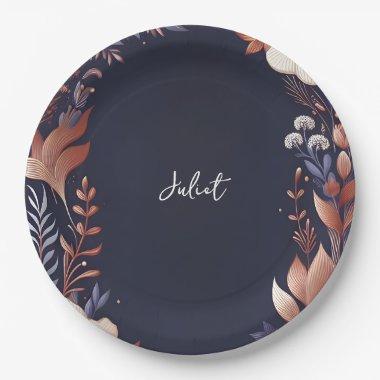 Hydrangea Metallic Pure Navy Blue  Paper Plates