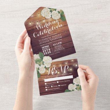 Hydrangeas String Lights Rustic Wood Wedding RSVP All In One Invitations