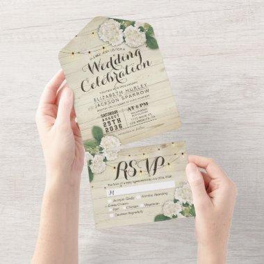 Hydrangeas String Lights Rustic Wood Wedding RSVP All In One Invitations