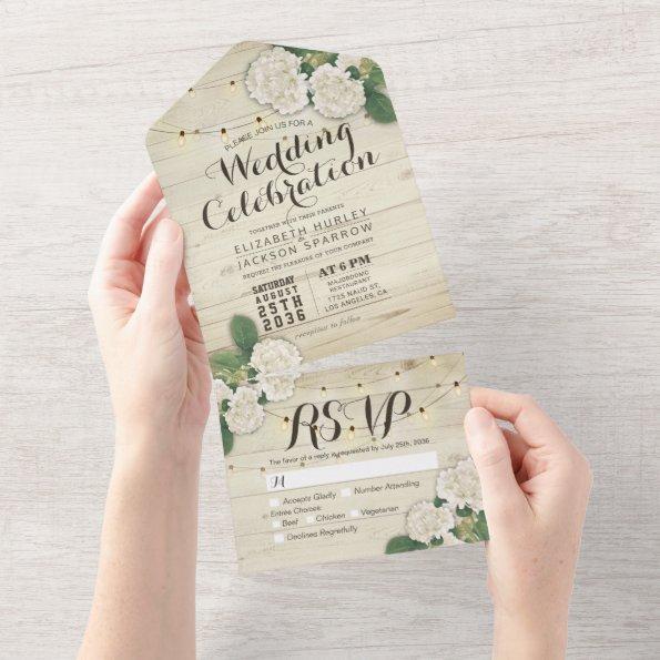 Hydrangeas String Lights Rustic Wood Wedding RSVP All In One