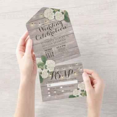 Hydrangeas String Lights Rustic Wood Wedding RSVP All In One Invitations