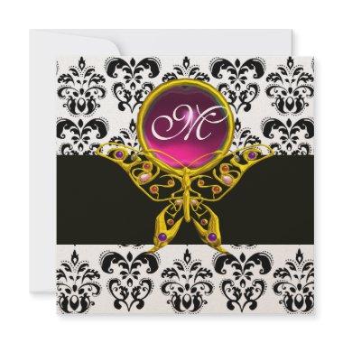 HYPER BUTTERFLY MONOGRAM,black white damask, pink Invitations