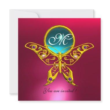 HYPER BUTTERFLY MONOGRAM,blue,aquamarine pink red Invitations