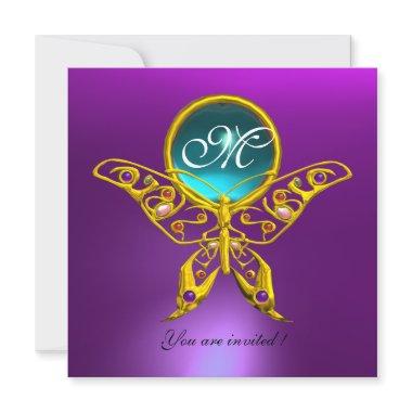 HYPER BUTTERFLY MONOGRAM,blue,aquamarine purple Invitations