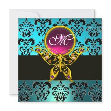 HYPER BUTTERFLY MONOGRAM,blue damask pink turquase Invitations