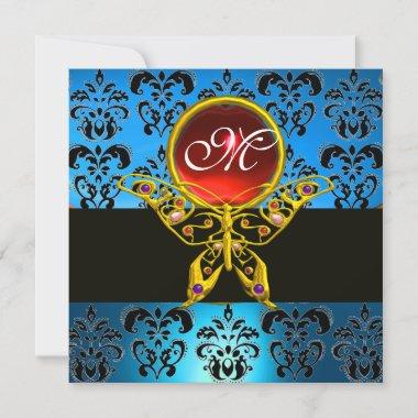 HYPER BUTTERFLY MONOGRAM,blue damask, red ruby Invitations