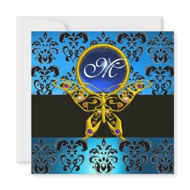 HYPER BUTTERFLY MONOGRAM,blue damask,sapphire Invitations