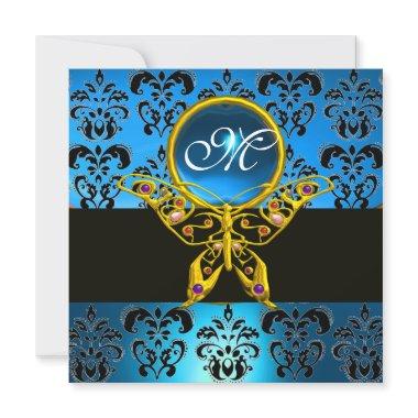 HYPER BUTTERFLY MONOGRAM,blue damask sapphire Invitations