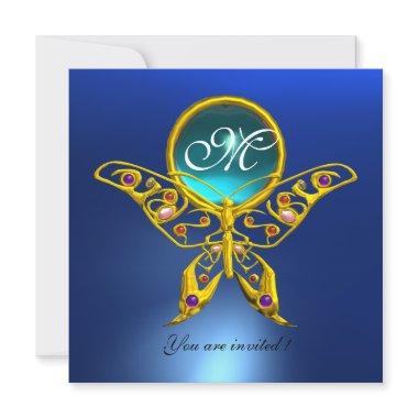 HYPER BUTTERFLY MONOGRAM,blue,turquase aquamarine Invitations